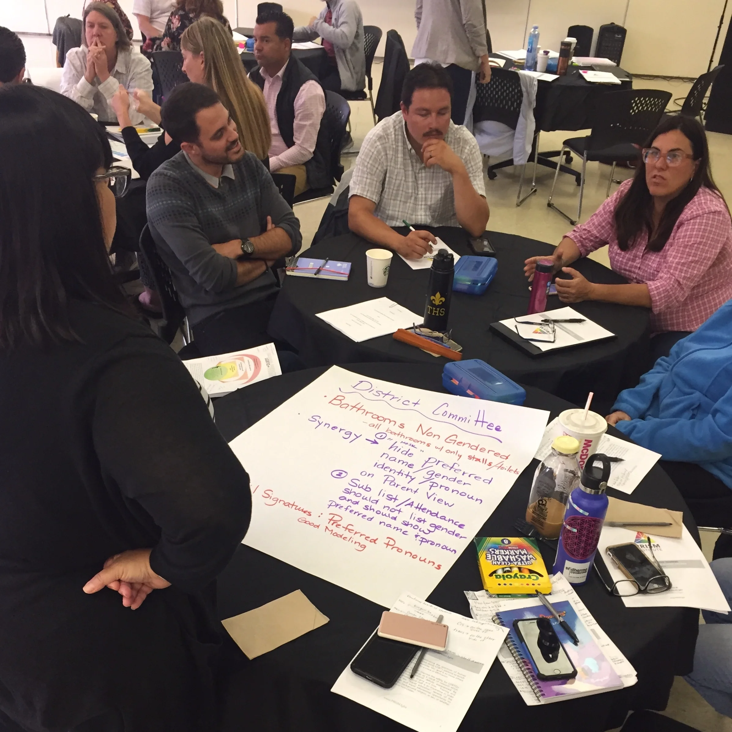 Administrators at Jefferson Union High School District meet in small groups to brainstorm strategies and plans to better support LGBTQ students.