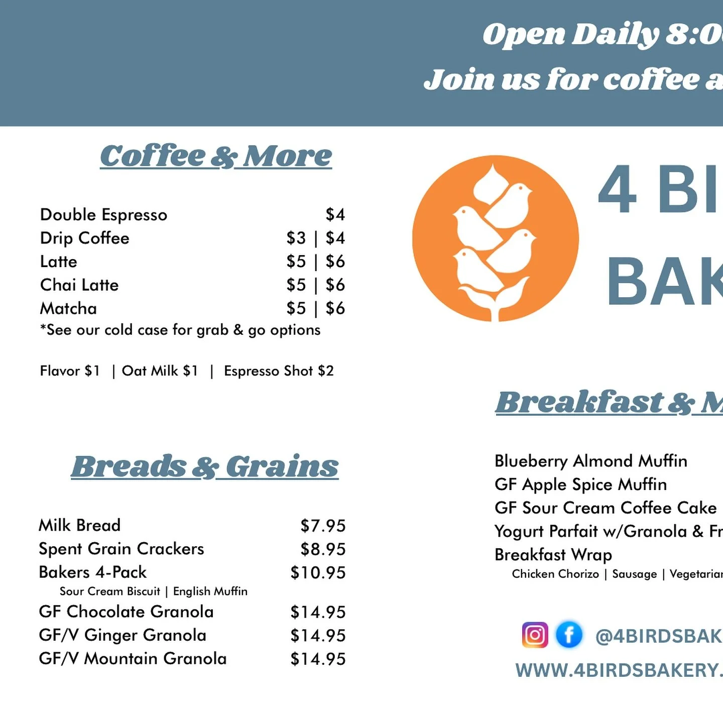 Full Menu ☕️🍪🌯🫶

Our full 4 Birds Bakery menu is now available inside The Garage Food Hall!

We&rsquo;re so grateful for the love and support since opening &mdash; it truly means the world to us. ❤️

If you haven&rsquo;t stopped by yet, consider t