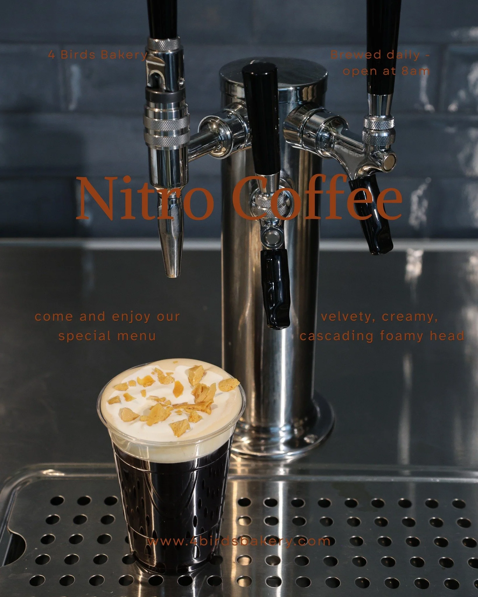 Nitro coffee, but make it 4 Birds.

Smooth, bold, and poured ice-cold on tap inside The Garage Food Hall - this is your new go-to pick-me-up. No bitterness, no fuss&hellip; just that creamy, cascading finish that hits every time.

Whether you&rsquo;r
