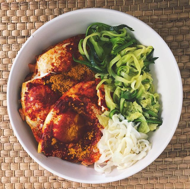 potatoes and zoodles and sauerkraut and eggs plus a hidden cado