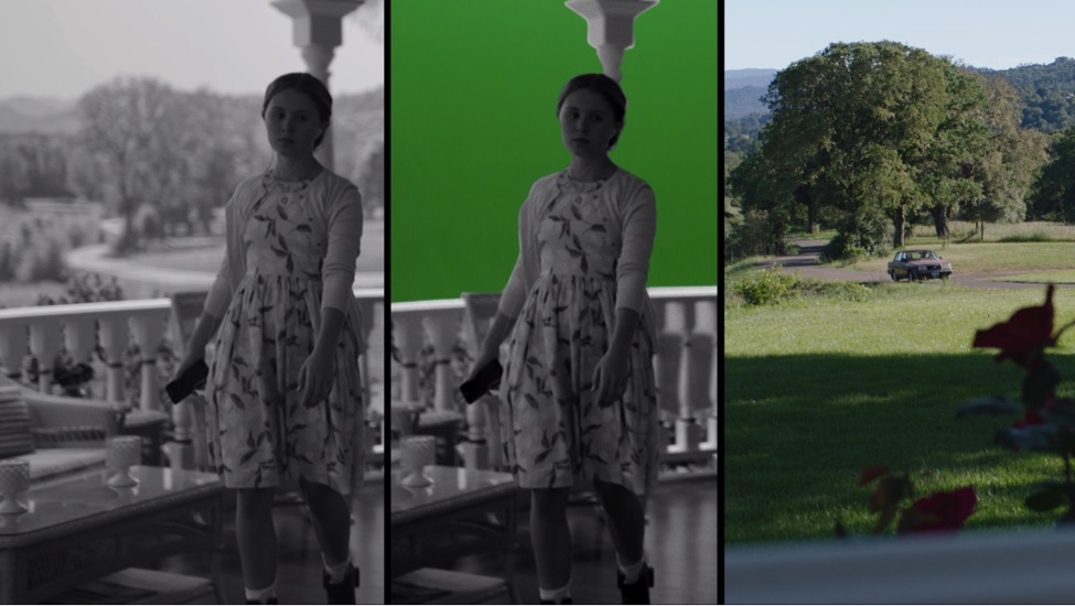 The interior of Camille’s childhood home was created on a stage with a 360 degree translight. A drone survey and image may were done to create an accurate representation of the outside. The translight was then replaced with actual elements, keeping the proper perspective. Image courtesy HBO.