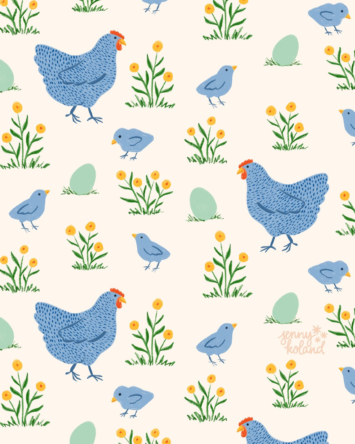 Chickens! 🥚 🐓 🥚 I turned my chicken illustration from the other day into a repeat and I love it a little too much. These colors are giving my all the spring feels! 

#chickenart #chickenpattern #chickenillustration #surfacedesign #surfacepatternde