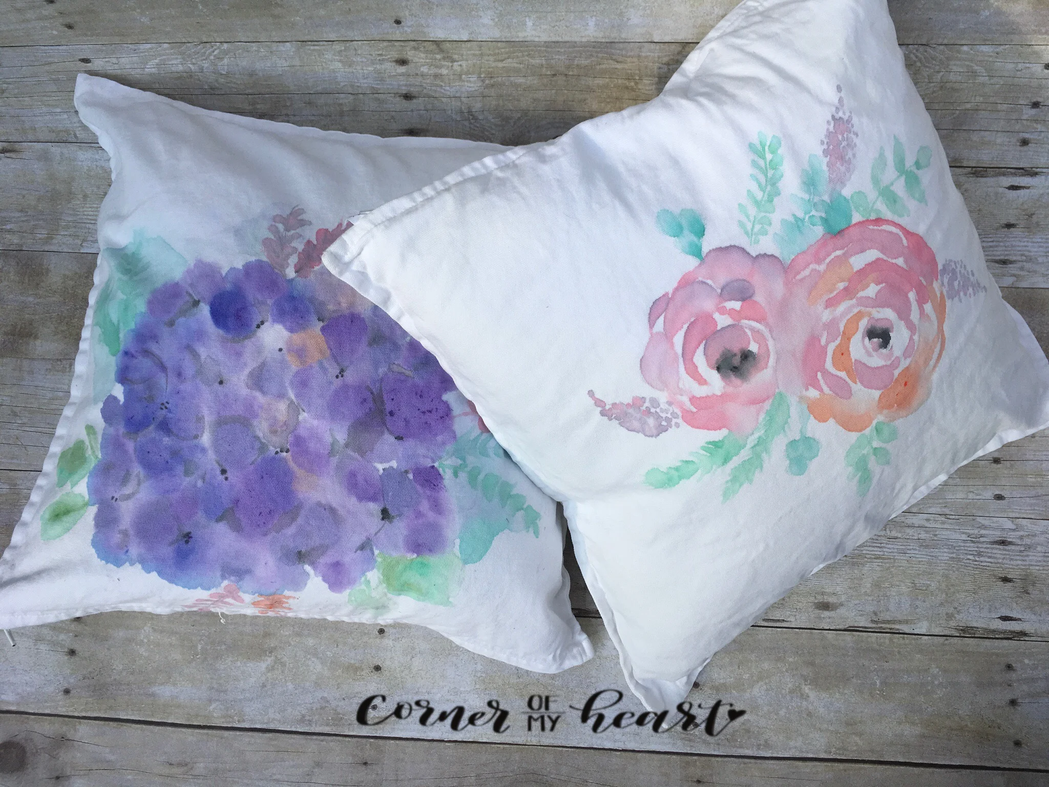 Hand painted pillows purple and pink