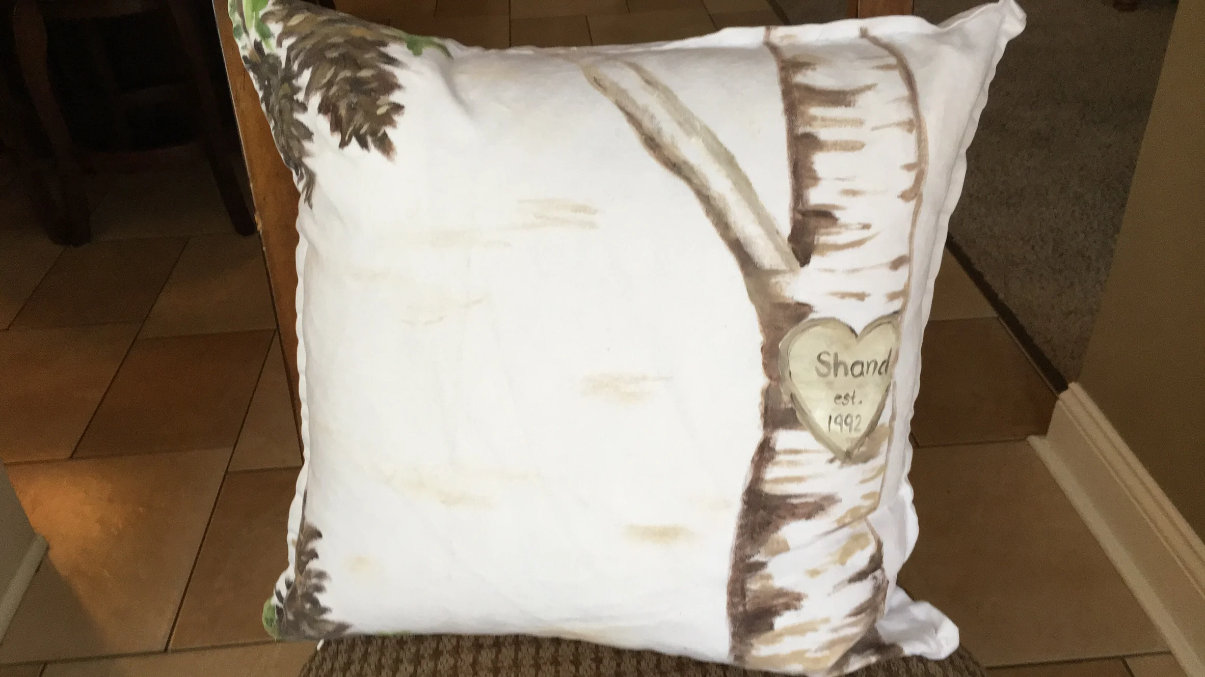 Hand painted pillow with family name on birch tree