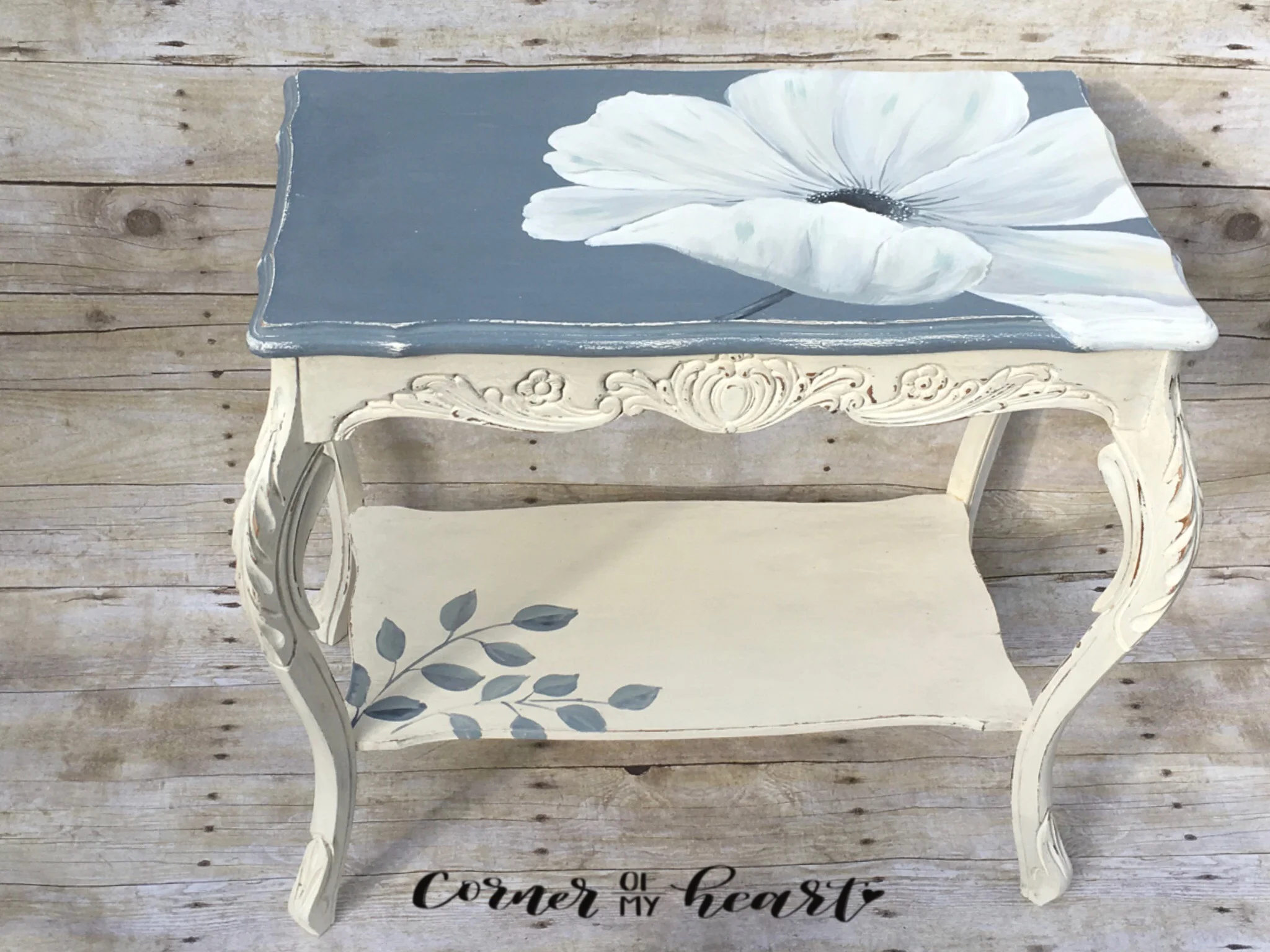 Hand painted entry table with flowers and branches