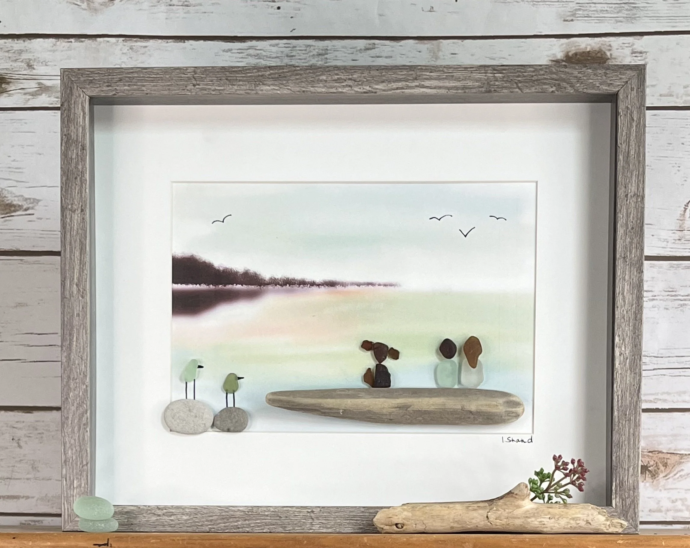 Large Size Sea Glass Couple on Log with Dog (12"x15")