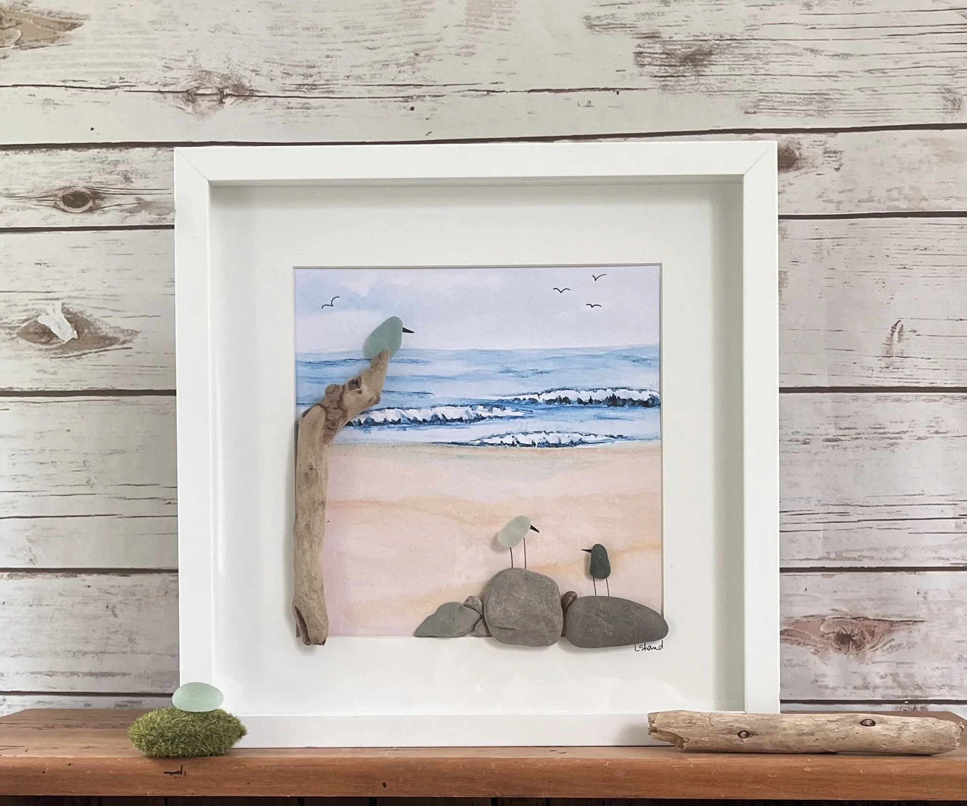 Large Size Sea Glass 3 Birds on the Beach (12"x12")