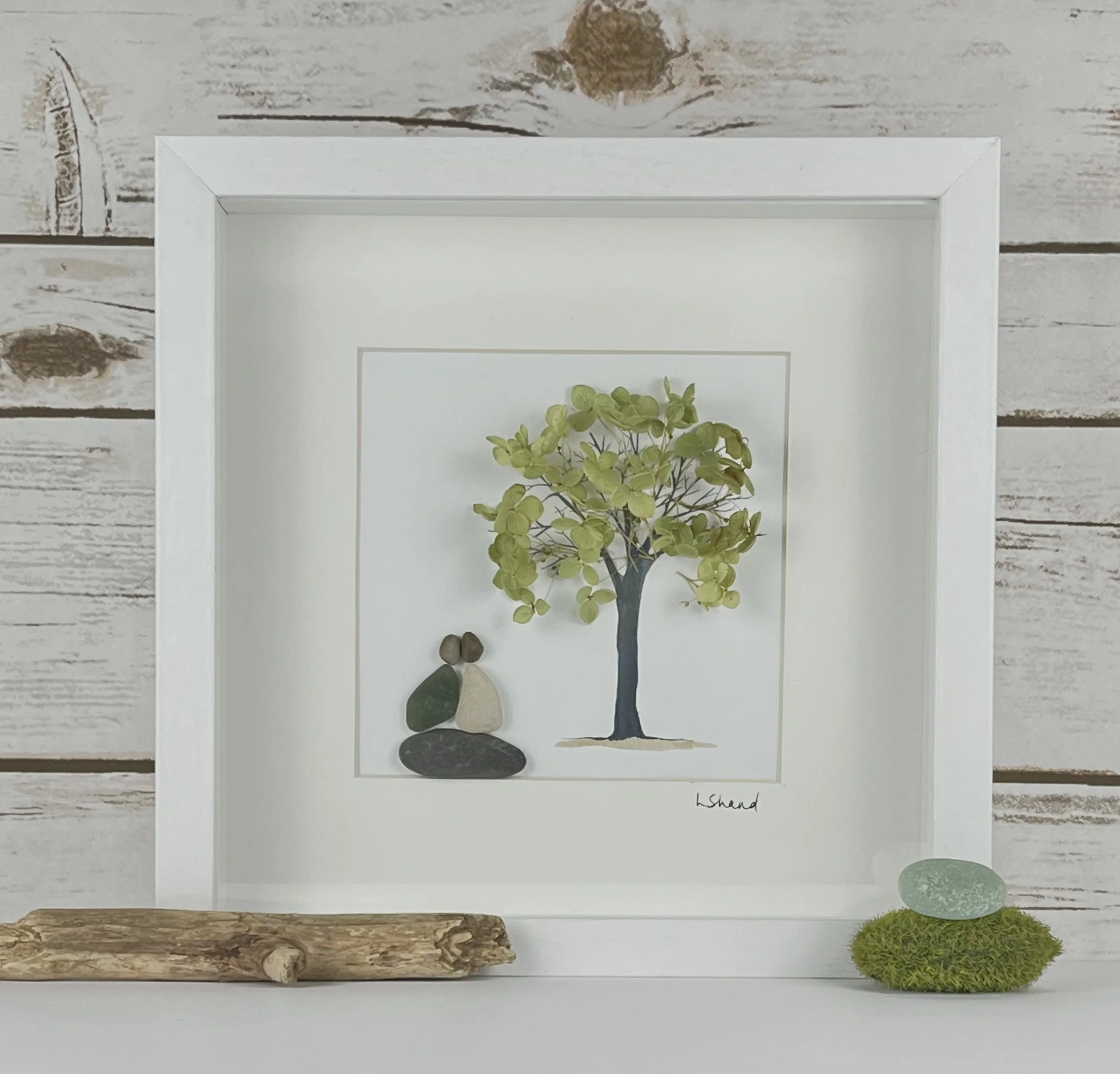 Sea Glass couple under hydrangea tree (9”x9”)