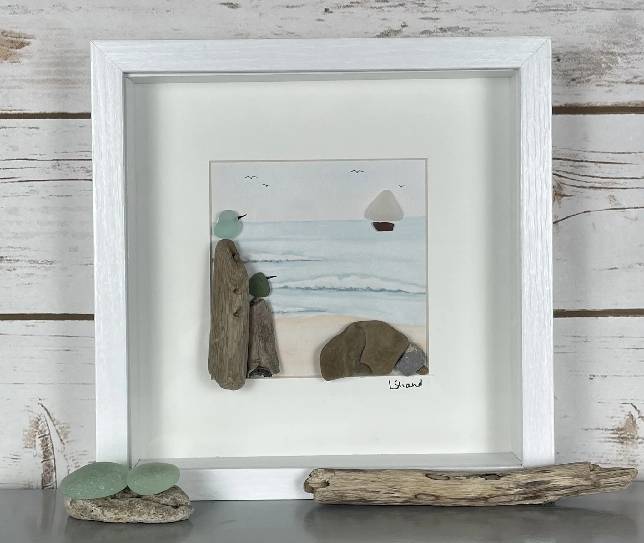 Two Birds and Sailboat Sea Glass Art (10”x10”)