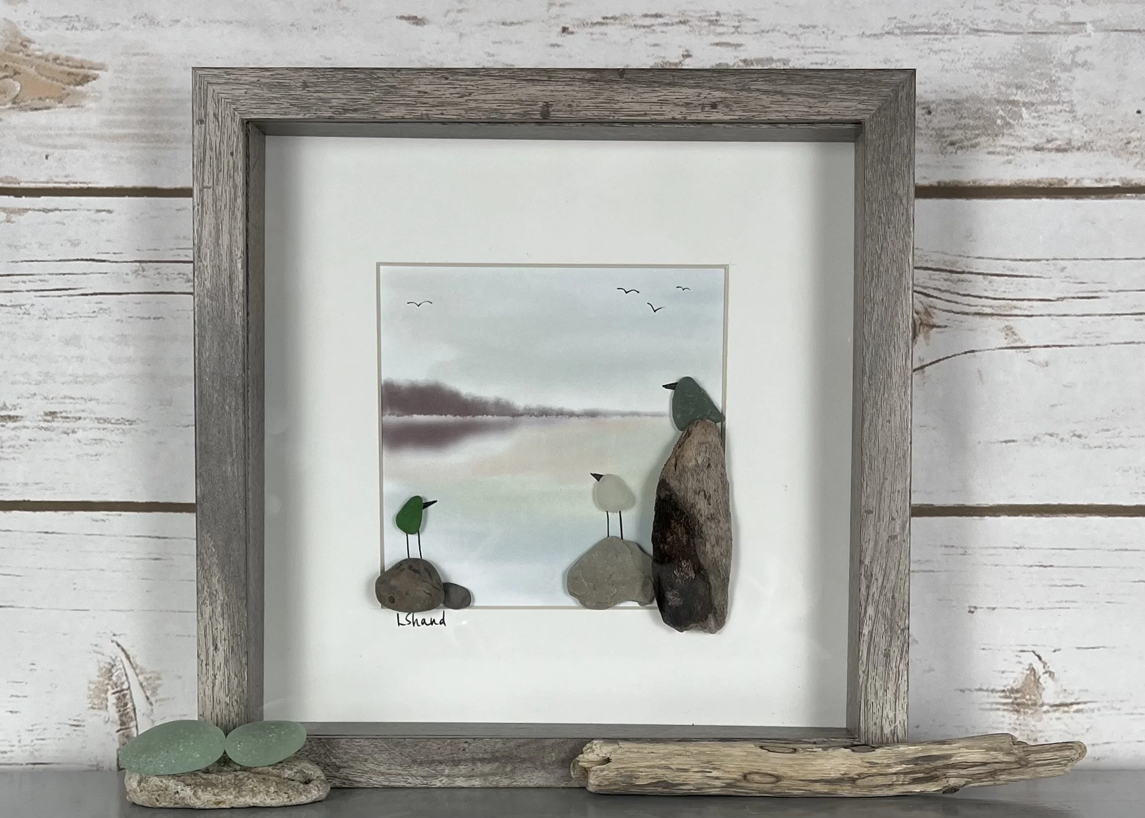 Three Birds on a Lake Sea Glass Art (10”x10”)