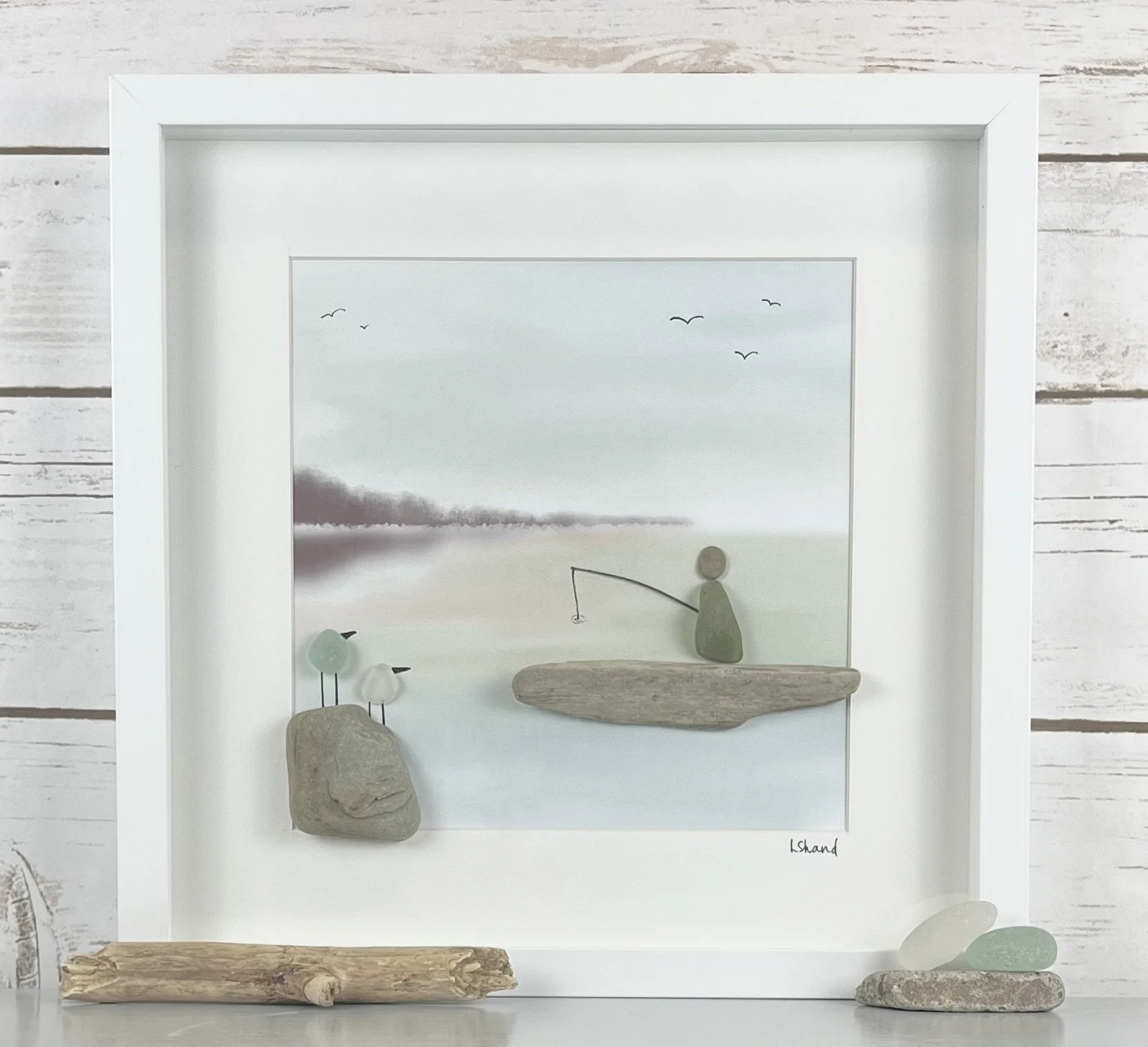 Large Size: Man Fishing on a Still Green Lake Sea Glass Art (13
