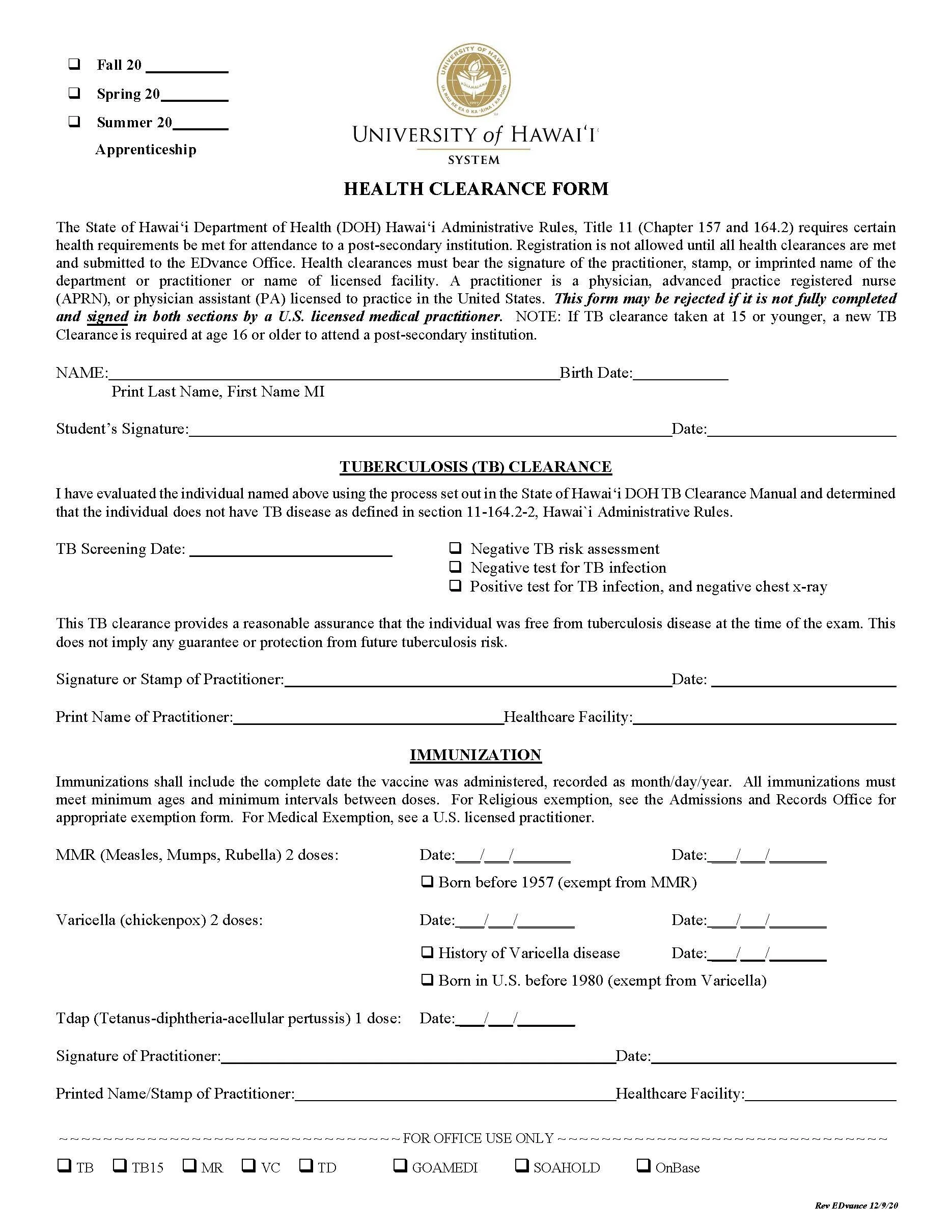 Health Clearance Form
