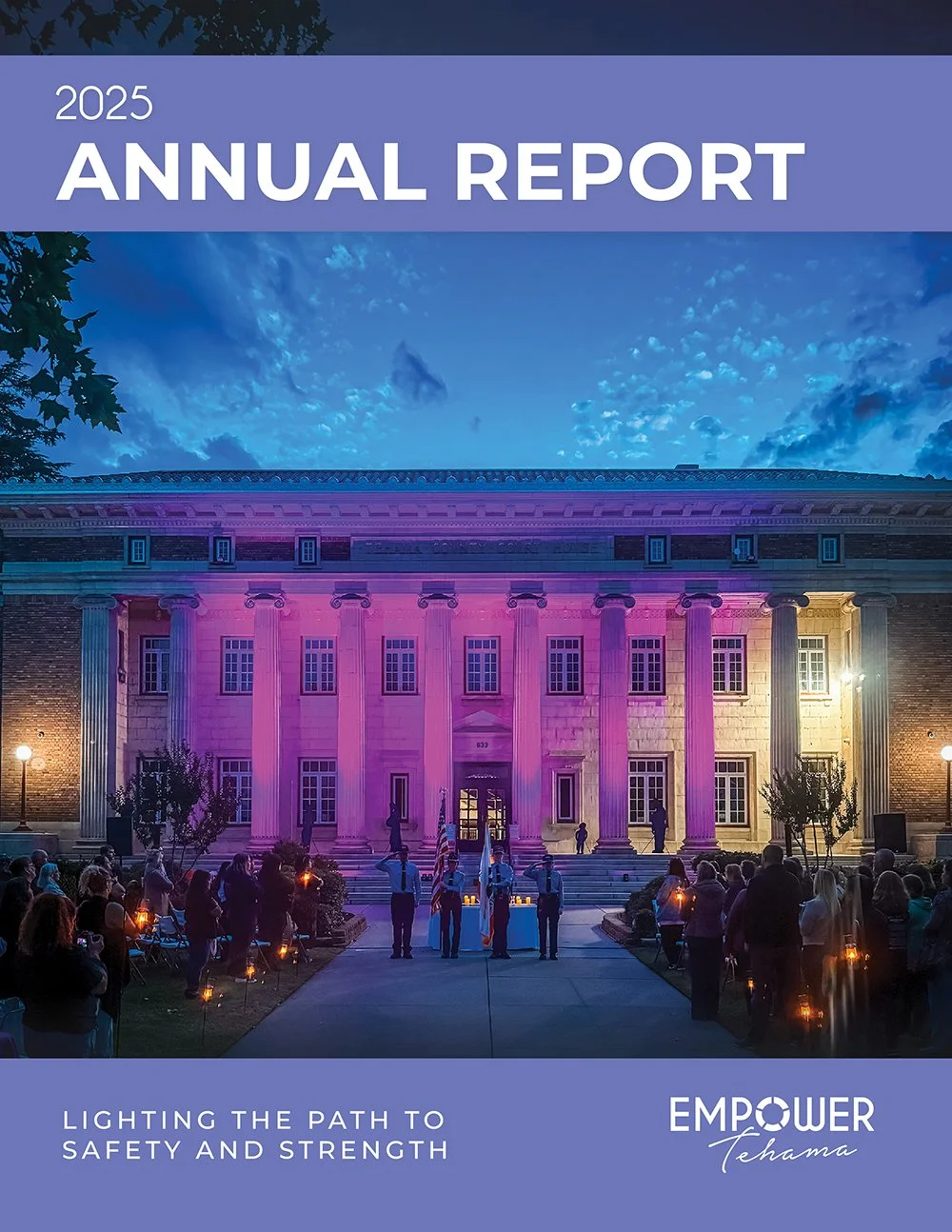 2025 Annual Report cover for Empower Tehama. Text: '2025 Annual Report' and 'Lighting the Path to Safety and Strength.' Empower Tehama logo.