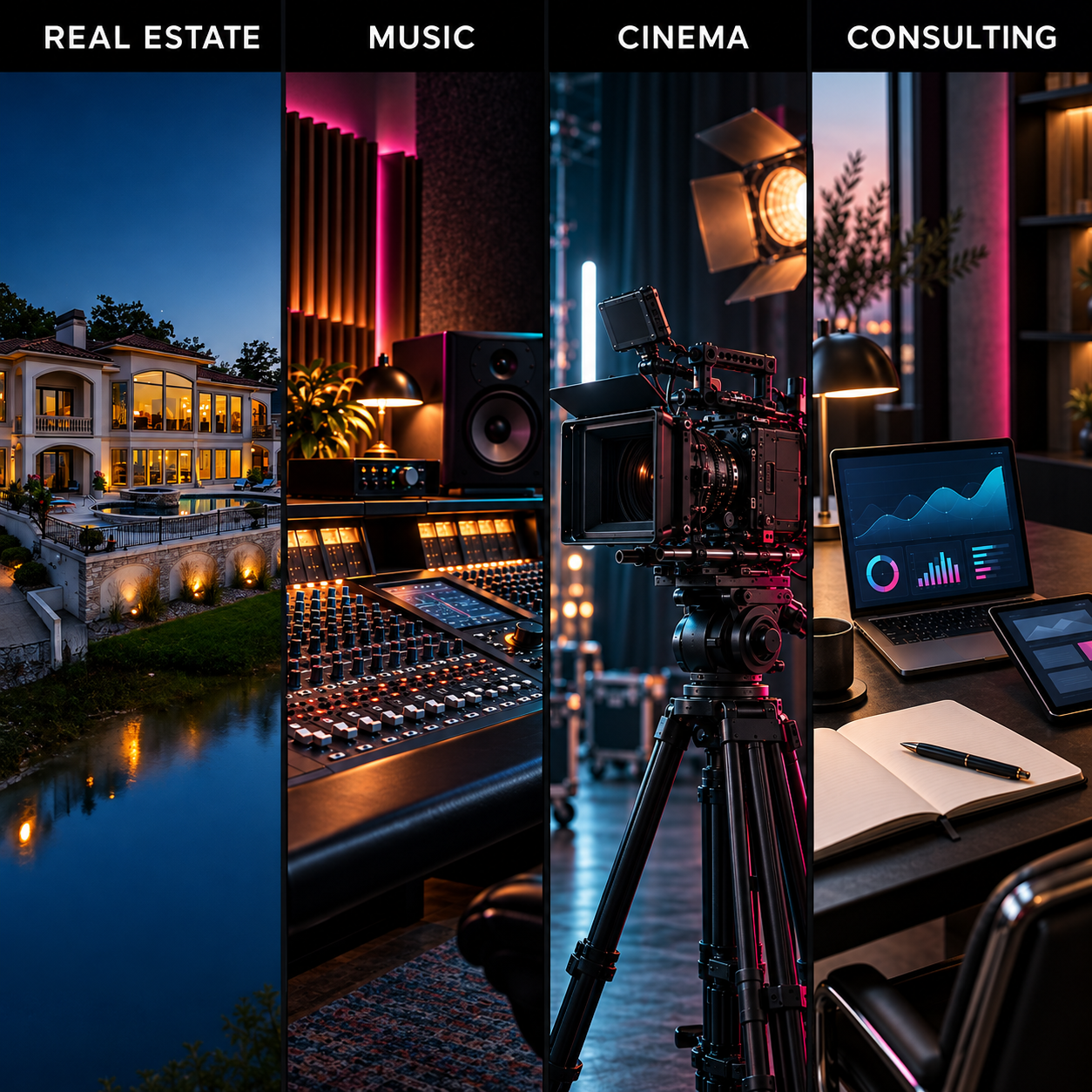 Four service panels: waterfront real estate at dusk, a music recording studio, a cinema camera on a film set, and a digital consulting workspace.