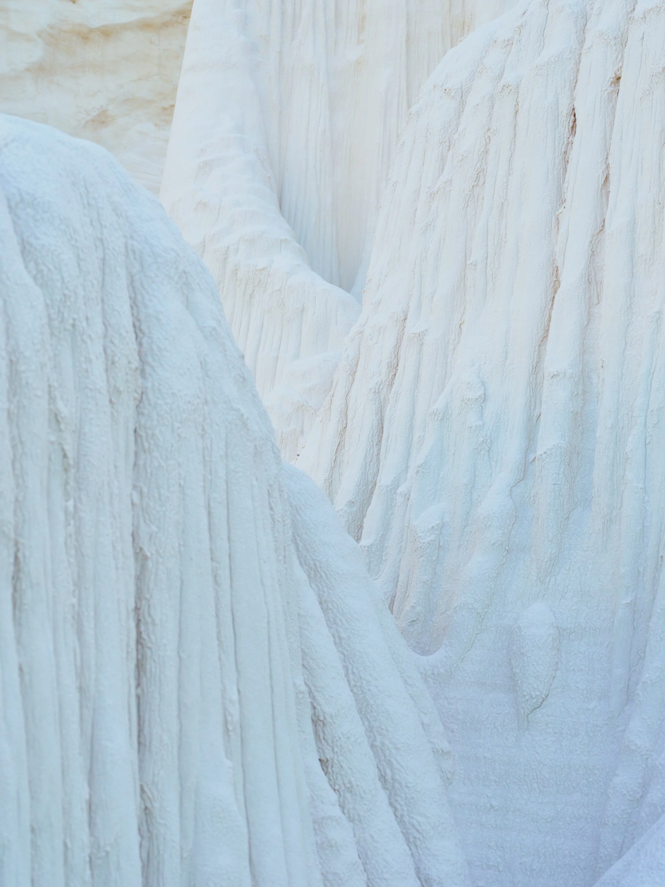 Close-up view of white, textured, layered rock formations in a canyon or cliffside.