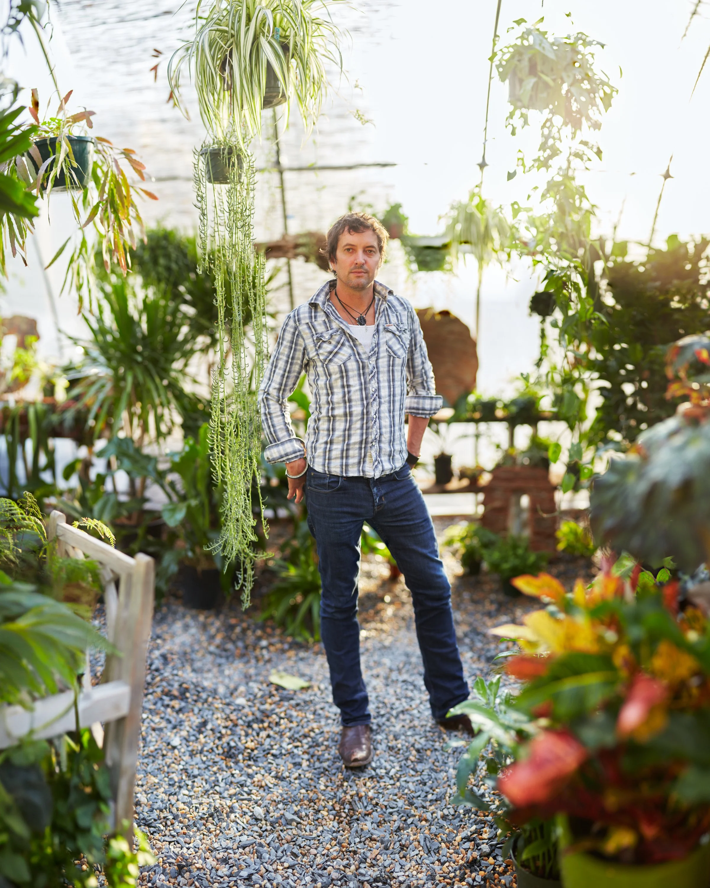 A man stands in a lush greenhouse surrounded by various green plants and flowers, with sunlight streaming through the glass ceiling.