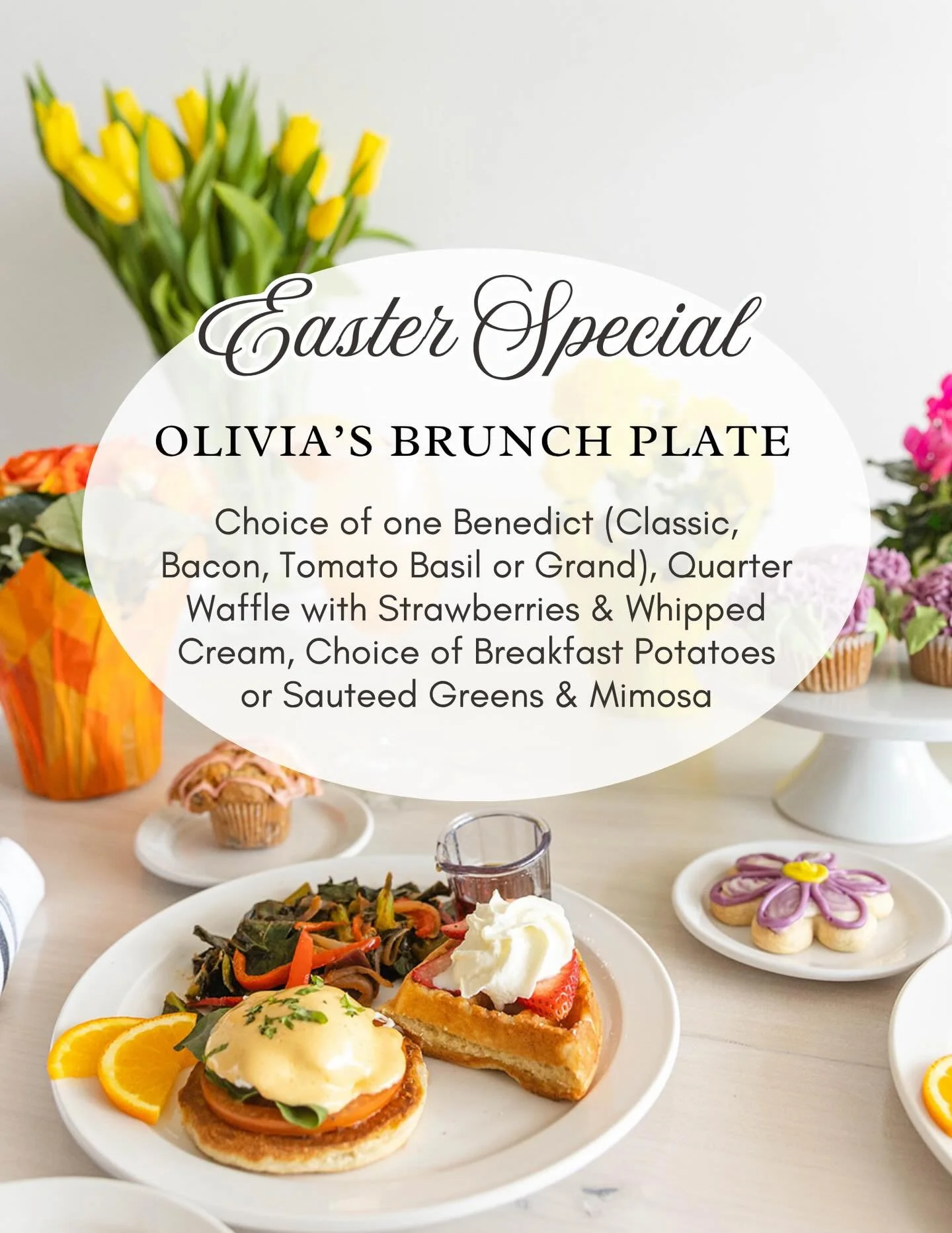 Easter brunch is served 🐣✨
Our Olivia&rsquo;s Brunch Plate is here for the occasion&mdash;your choice of Benedict (Classic, Bacon, Tomato Basil, or Grand), a quarter waffle with strawberries &amp; whipped cream, breakfast potatoes or saut&eacute;ed 