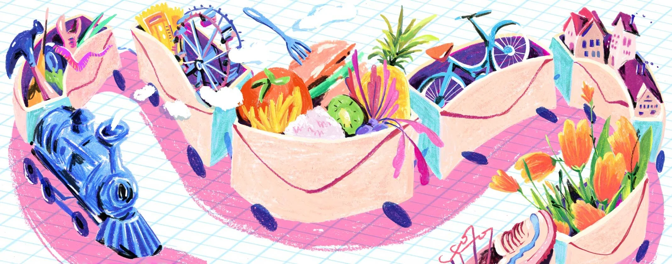 train of envelopes carrying objects from food to housing rent, flowers, clothes and activities