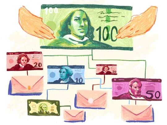 Family tree like drawing of money billing being places into envelopes