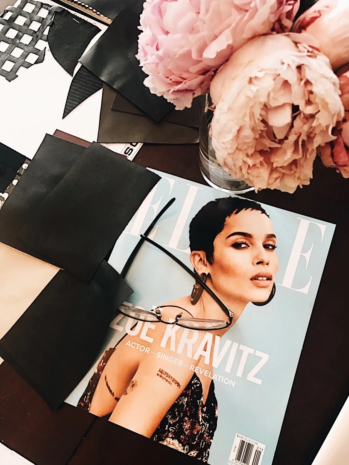 ELLE magazine Jan. 2018 ZOE KRAVITZ Fabric Swatches: faux leather samples; sourced at CMC-California Market Ctr. LA Textile Show #BLACKGIRLMAGIC
