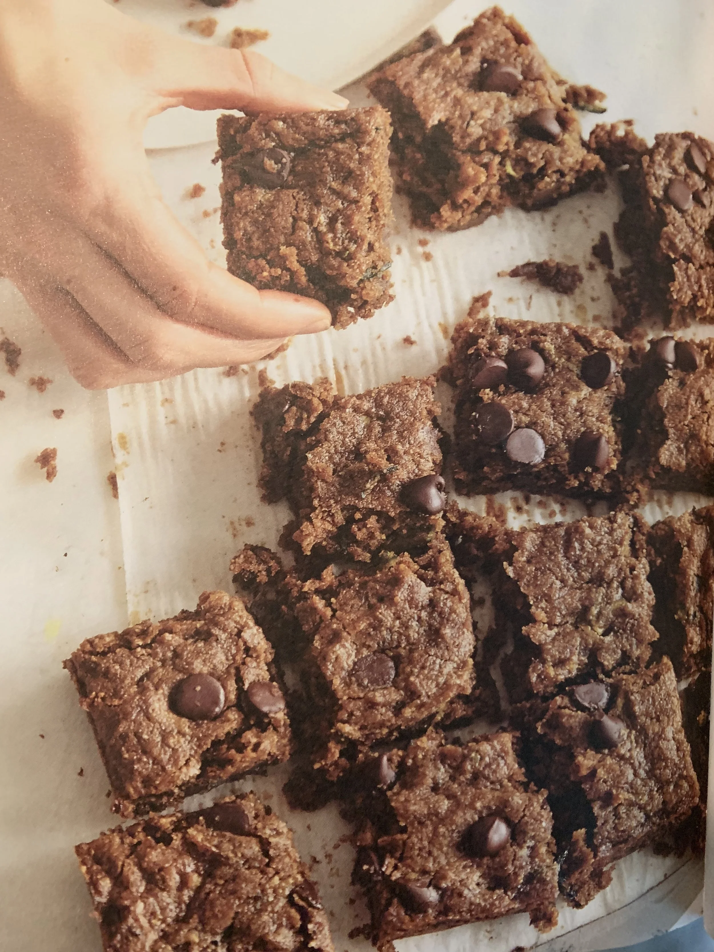 I crave these healthy brownies. from “True Roots” cookbook. Page 197 Zucchini Almond Butter Blondies