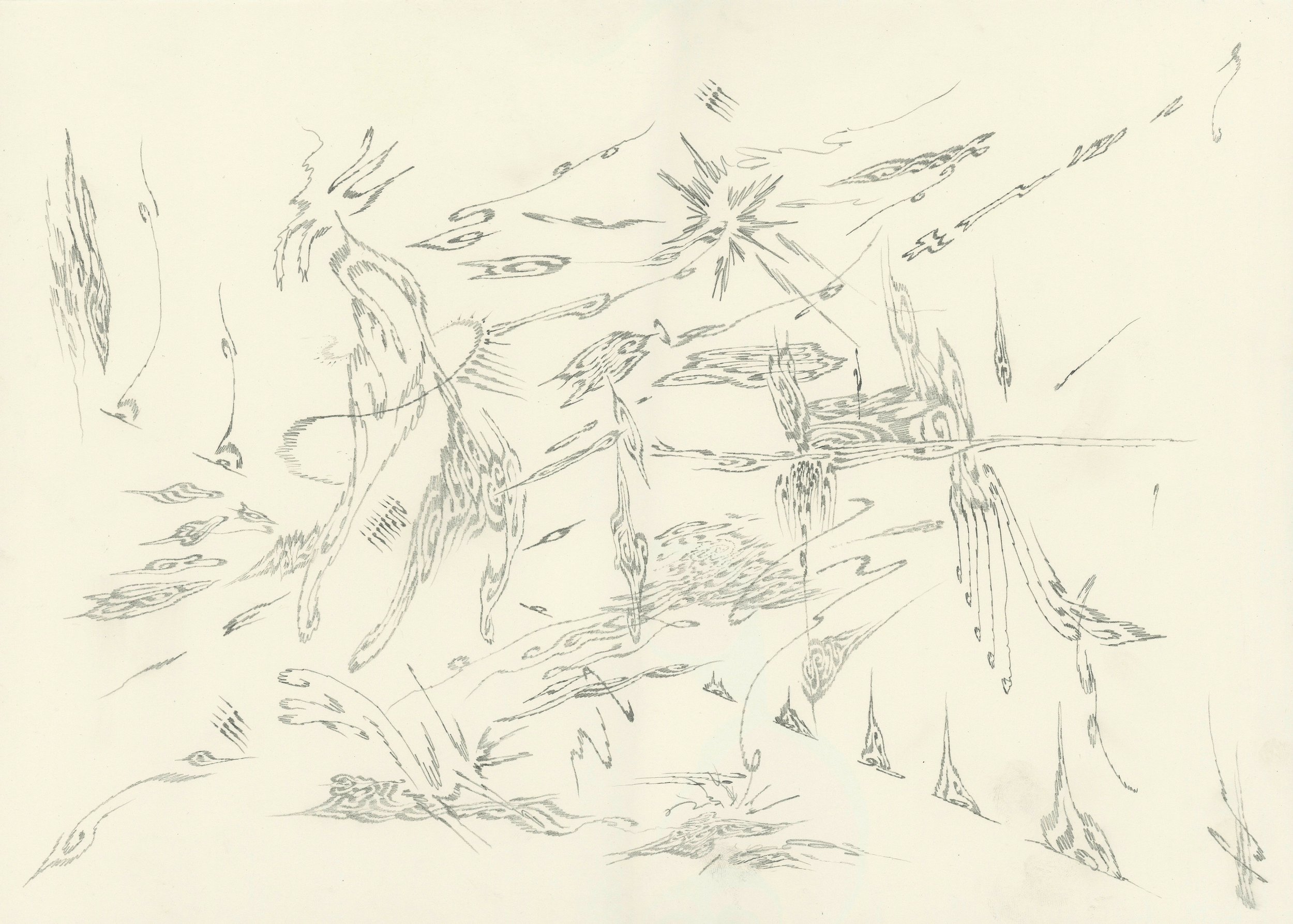 Arcane Barrage, pencil on paper, 13.9x9.8in (35.3x25cm), 2022