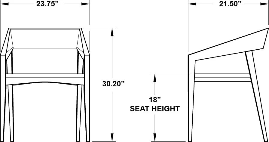 Architectural drawing of a chair with dimensions, showing a seat height of 18 inches, 23.75 inches in width at the top, and 21.50 inches in depth.