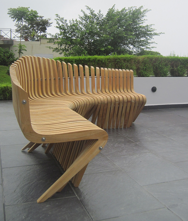 Poolside bench, teak and stainless steel hardware, Boquete, Panama