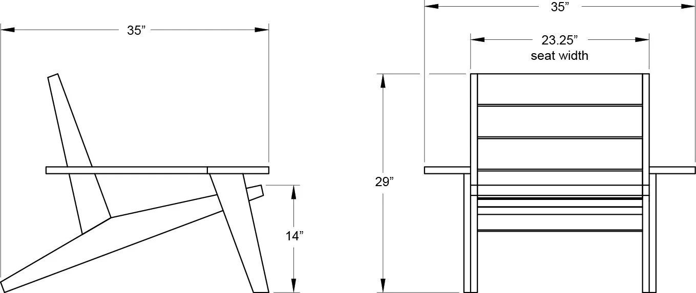 Technical drawing of an adirondack chair, showing side and front elevation views with dimensions including seat height, overall height, seat width, and depth.