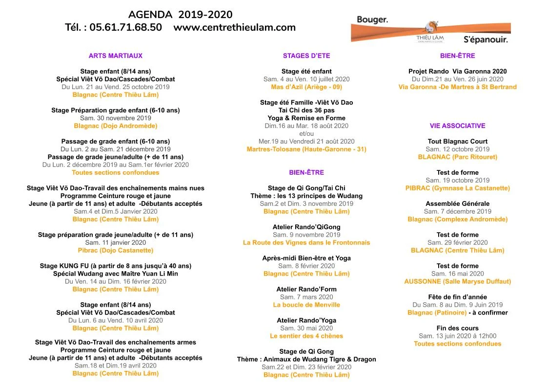 Agenda Centre Thiêu Lâm 2019/2020
