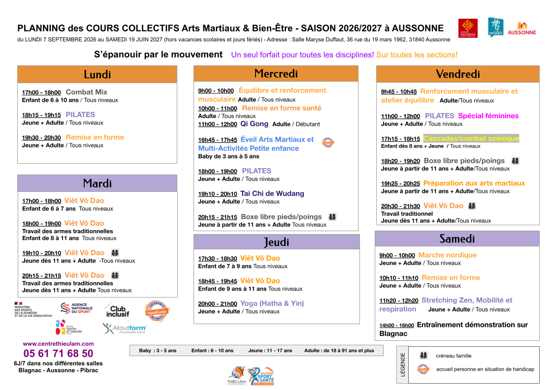 Plannings  Aussonne Centre Thieu Lam