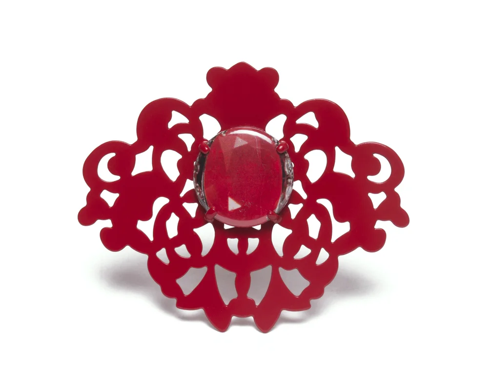 Red on Red Brooch with Gemstone Button, 2016