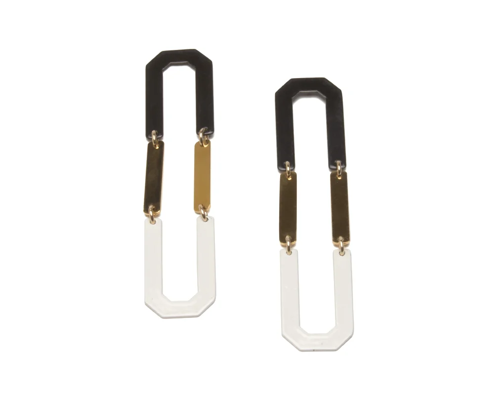 Extended Link Earrings Black, Cream and Gold