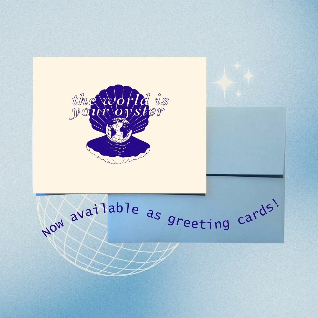 The 🌎 is your 🦪 now available as greeting cards ✉️ online at palindromeprint.com and in store at both @motherlodeatl and @motherlodeathens ✨