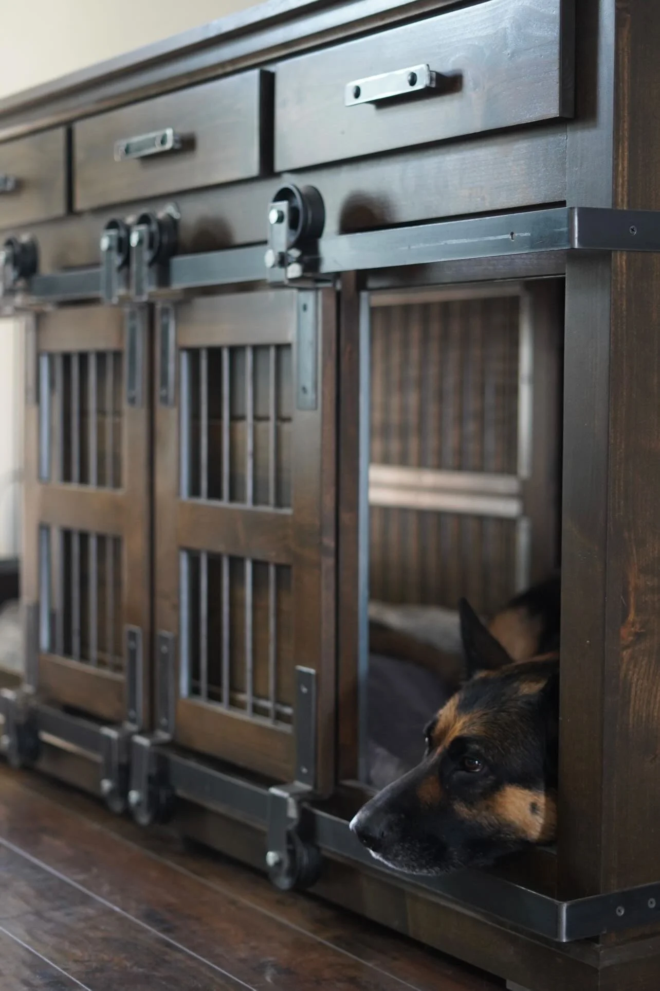 Double Kennel, Barn Doors, Stained finish, Drawers