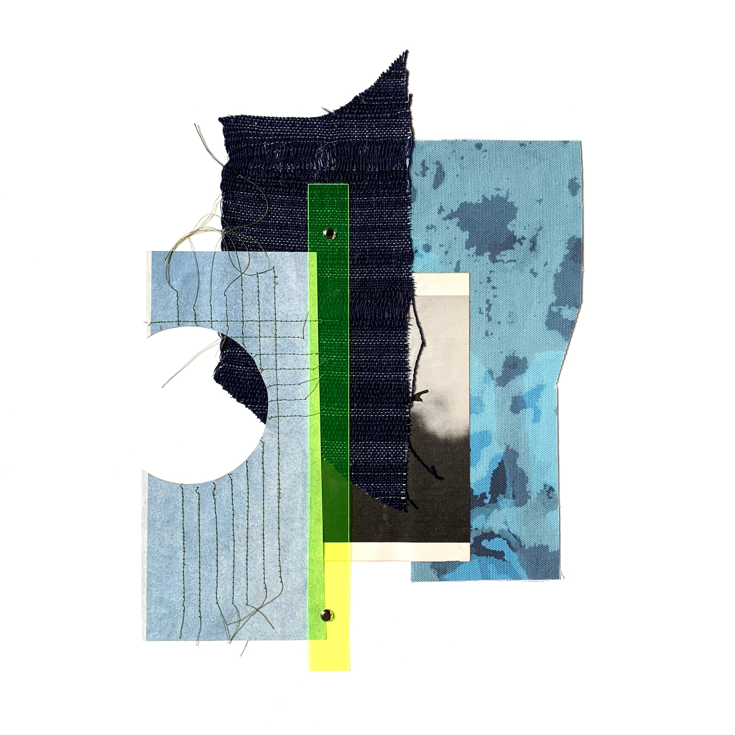 digitally printed canvas, woven remnants, photo film filter & cotton thread; 18x18"