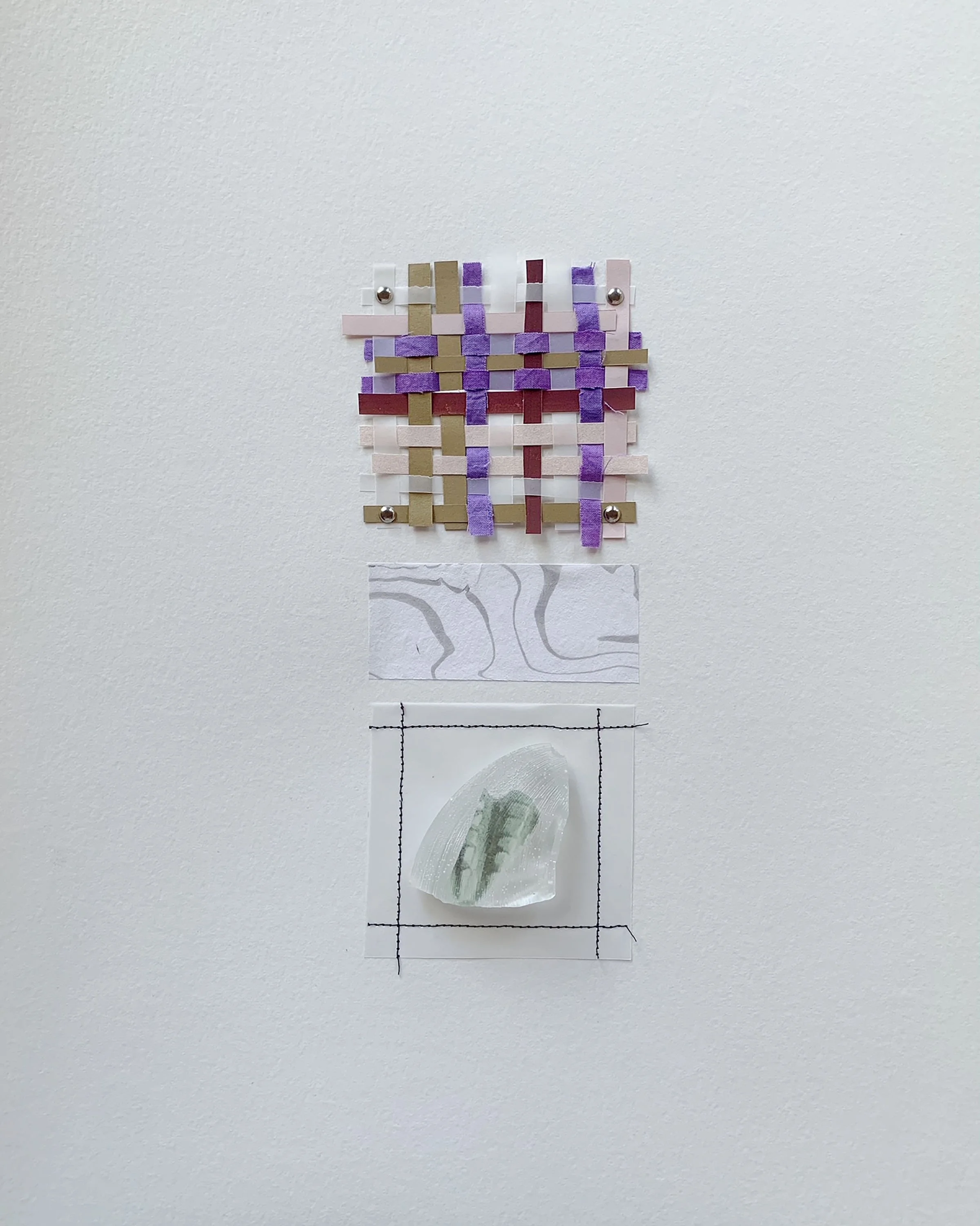 Vinyl, Organza, Marbled Paper, Cardstock, Linen, Velum, Resin, Cotton Thread + Silver Brads; 12x16"