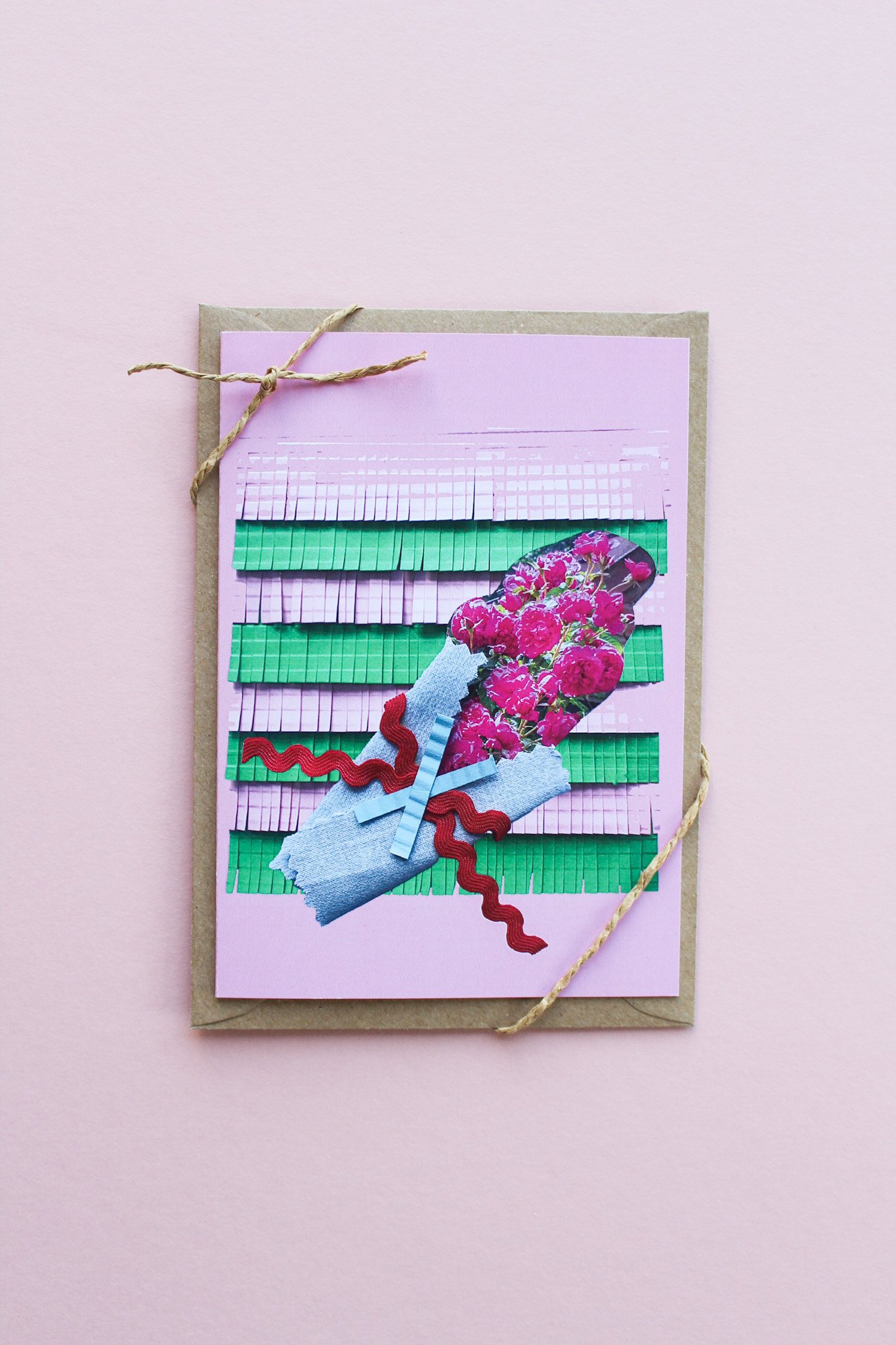 "VIBRANT PINK BOUQUET " HANDMADE COLLAGE ART CARD