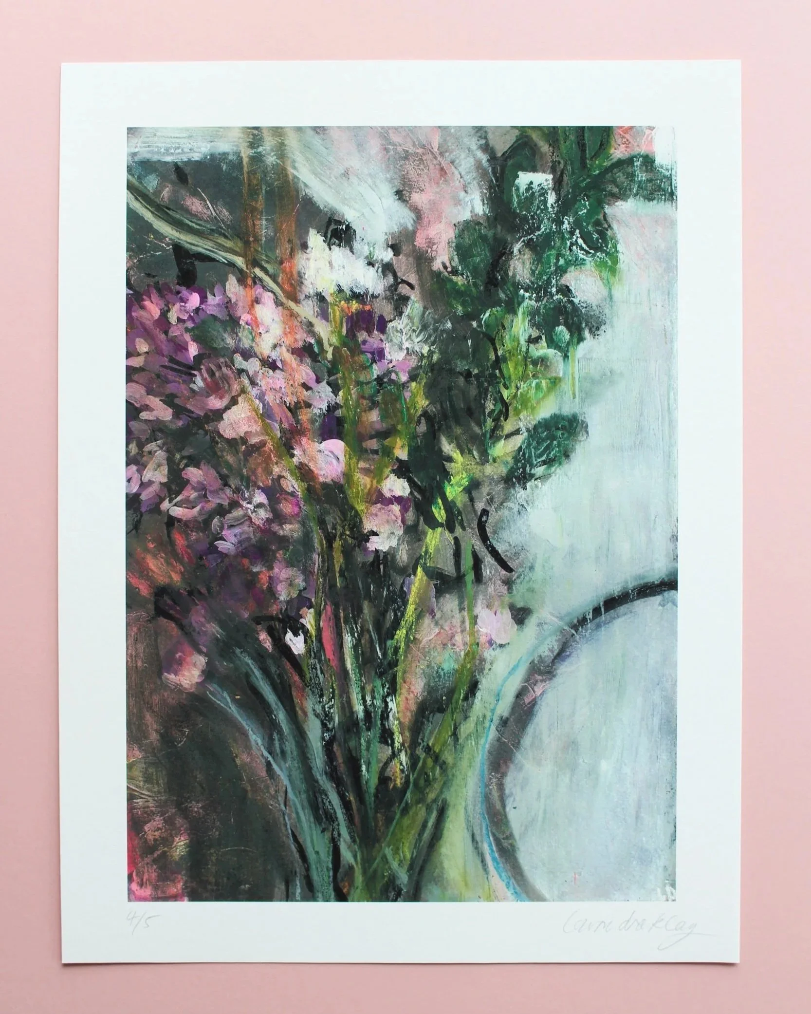 A semi-abstract painting of a bouquet of flowers in shades of pink, purple, and green. The artwork is on a white piece of paper against a light pink background.