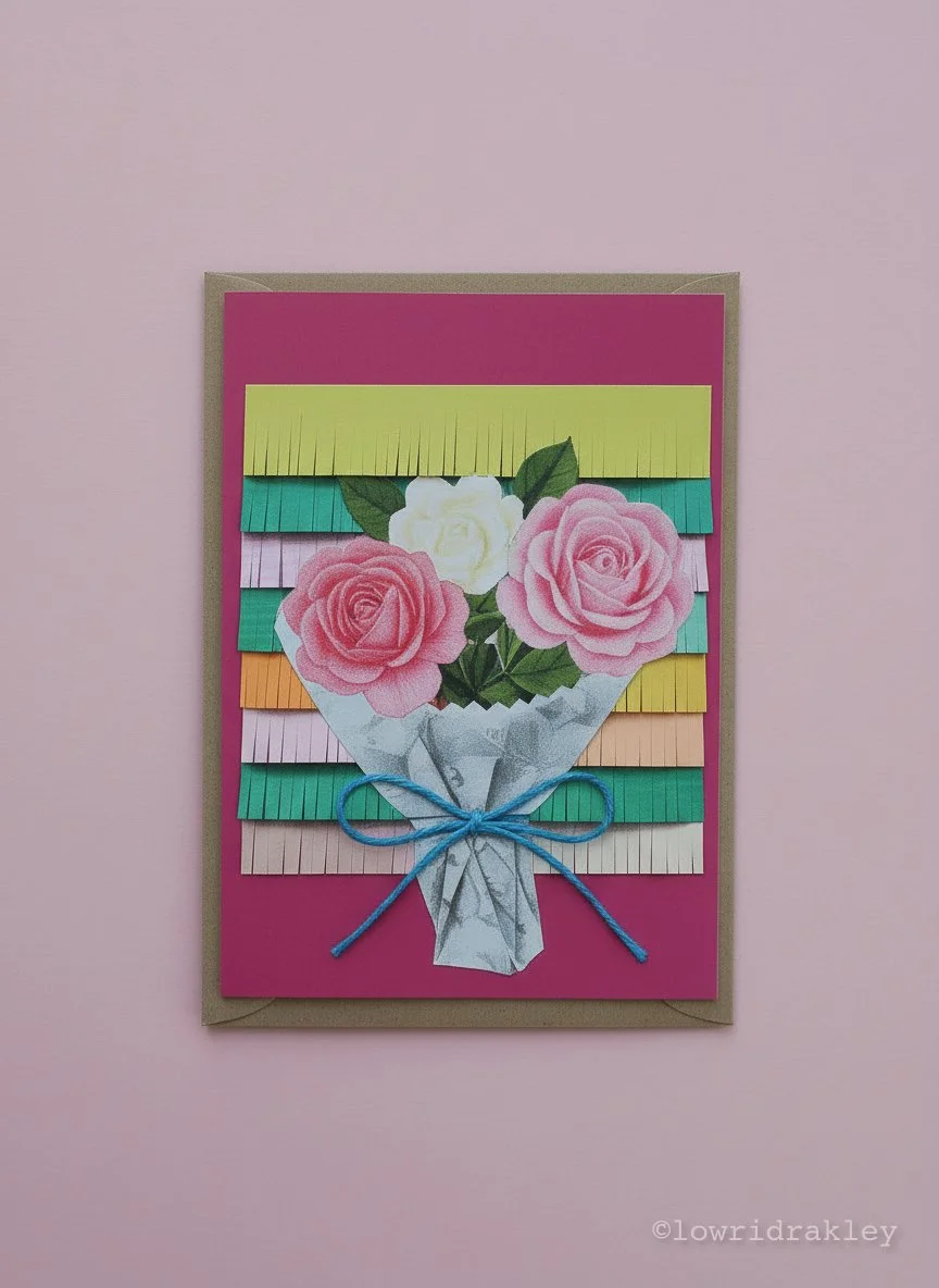 Handmade mixed-media collage art card featuring rose bouquet with pink and white roses and a blue twine bow.