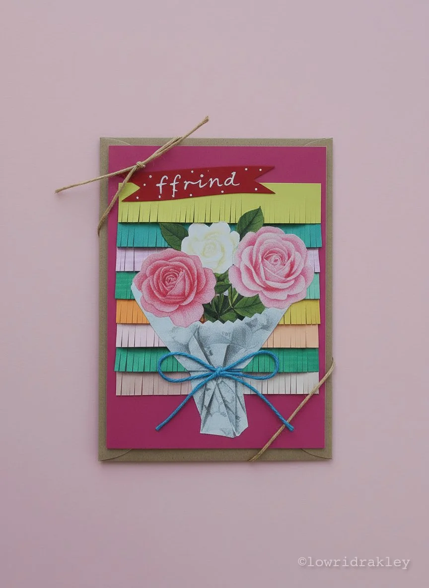 "FRINGED ROSE BOUQUET" HANDMADE COLLAGE ART CARD