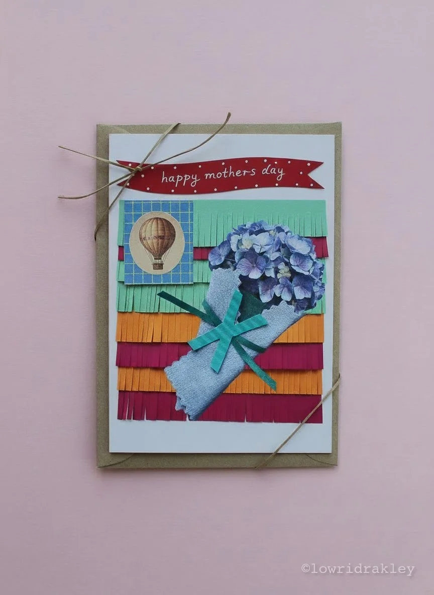 "THE HOT AIR BALLOON & HYDRANGEA" HANDMADE COLLAGE ART CARD