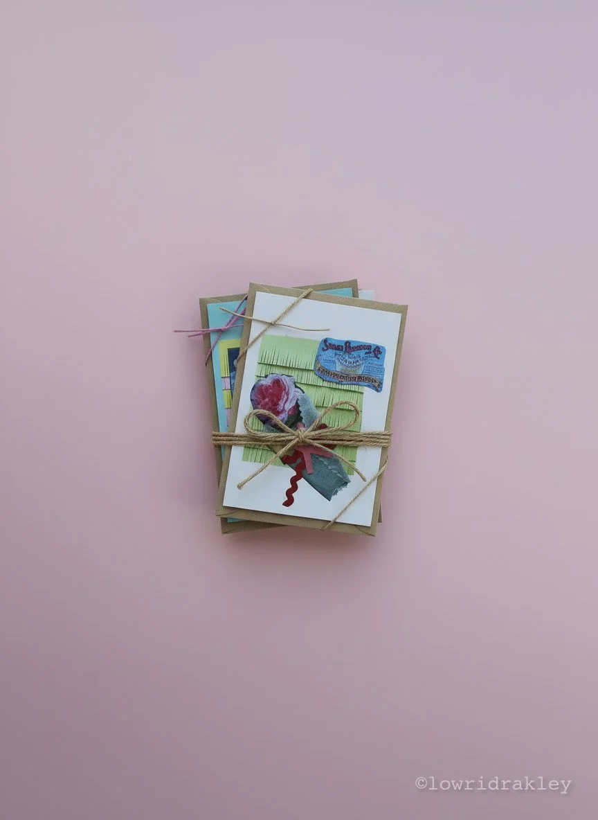 Bundle of three botanical greeting cards tied with twine on a pink background.