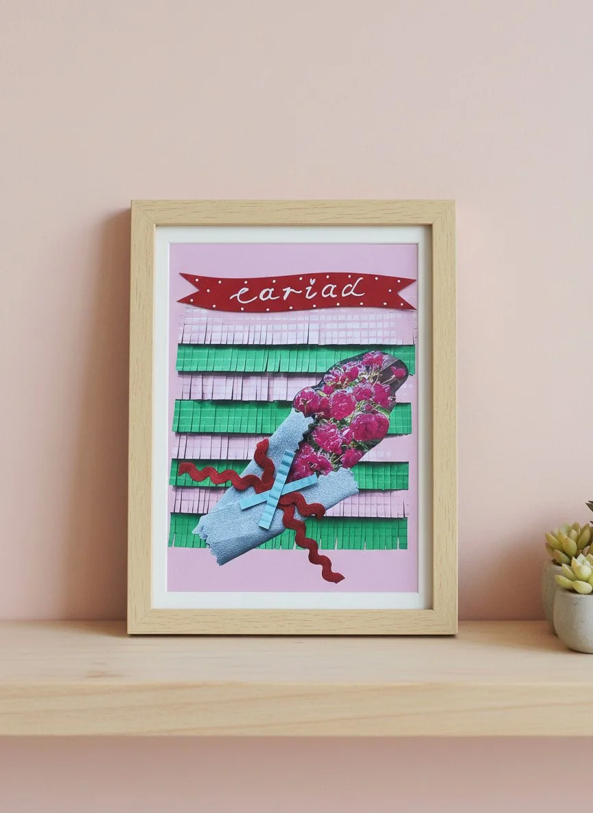 Bespoke Welsh collage art by Lowri Drakley featuring the word "cariad" on a red banner with a handmade paper bouquet.