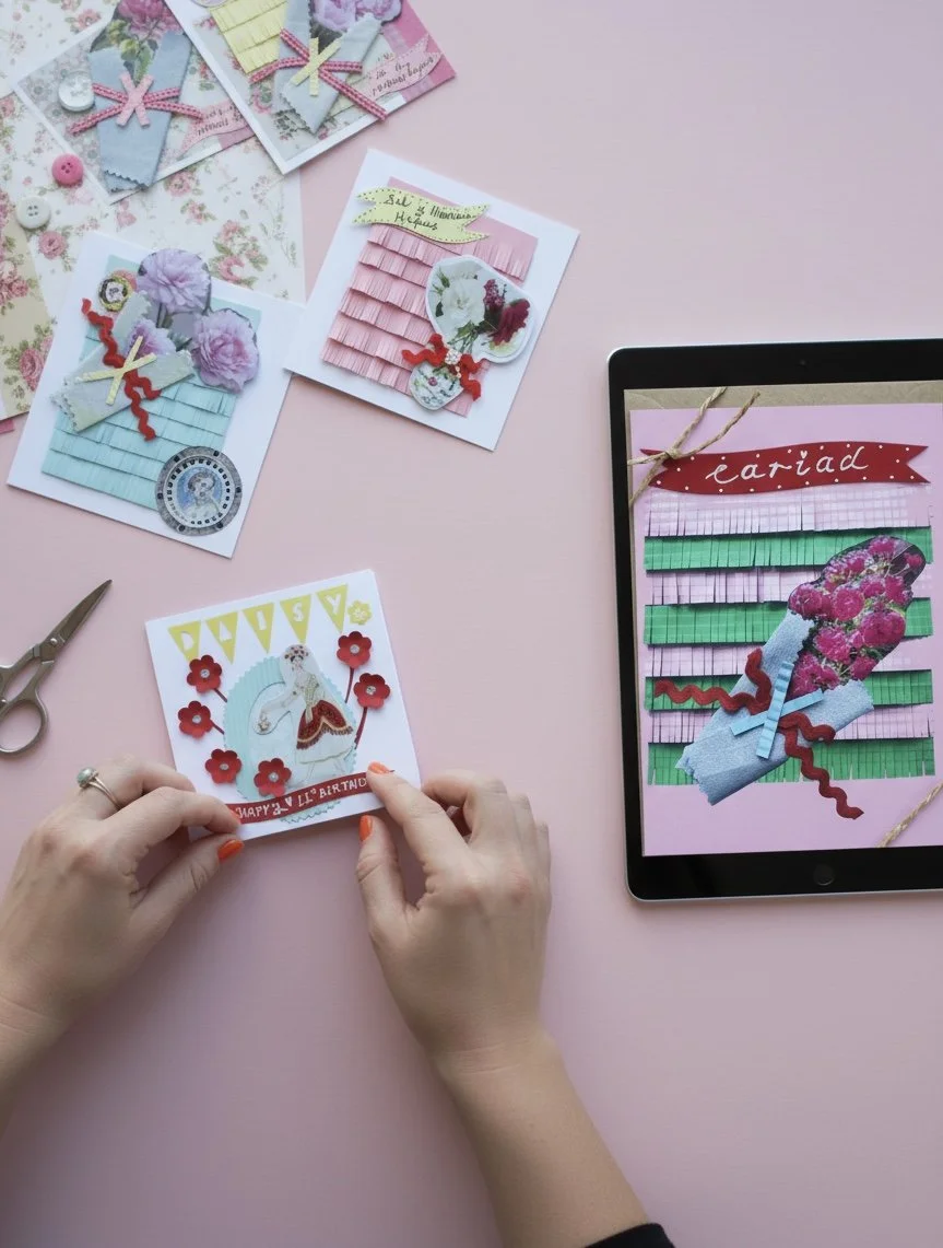 A top-down view of a crafter's pink desk showing handmade Welsh 'Cariad' paper greeting cards with floral accents and a tablet displaying a digital reproduction of the card.