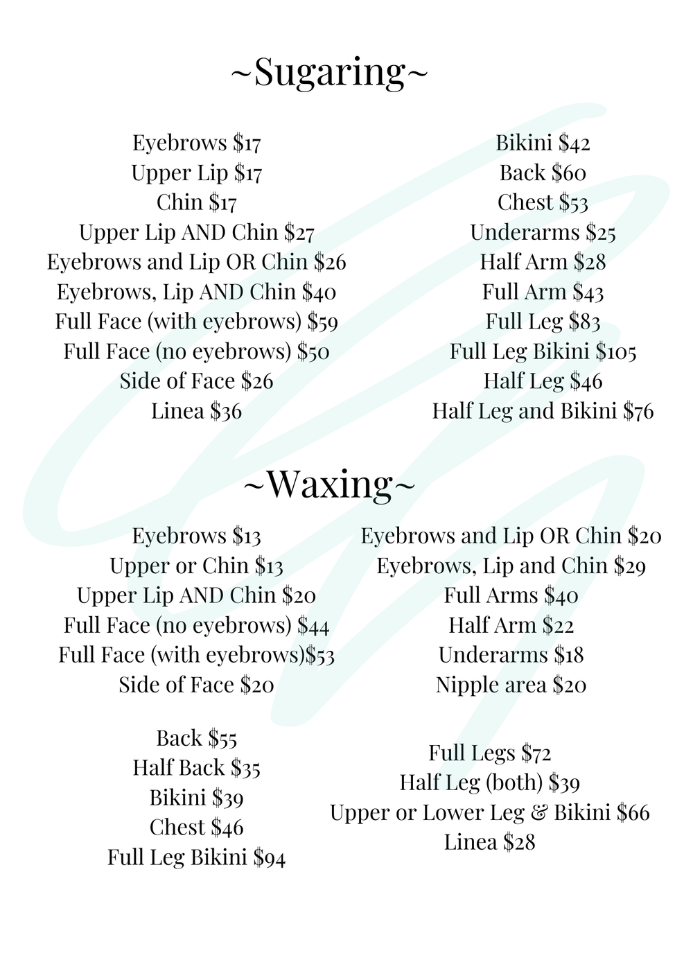 Waxing Price List Esthetician Business Cards, Waxing, List