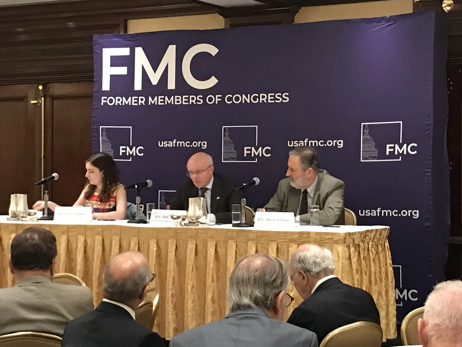 L to R: Emily Tamkin (political journalist from Foreign Policy), H.E. Dirk Wouters (Ambassador of Belgium to the U.S.) H.E. Henne Schuwer (Ambassador of The Netherlands to the U.S.) 