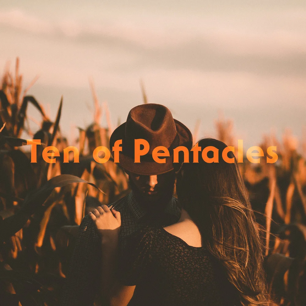 A couple stands close in a cornfield, lit by warm evening sun. The man wears a hat, face mostly hidden. The woman rests her hand on his chest, her long hair falling across his shoulder. They are surrounded by gold.