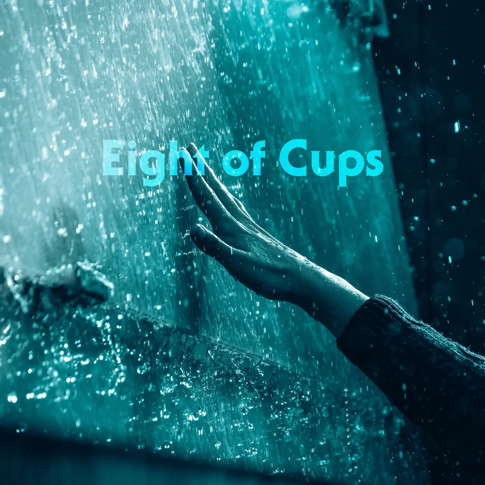 A hand reaches out through a curtain of falling water, fingers touching a wet wall, surrounded by blue light and droplets — evoking departure, release, and emotional passage.