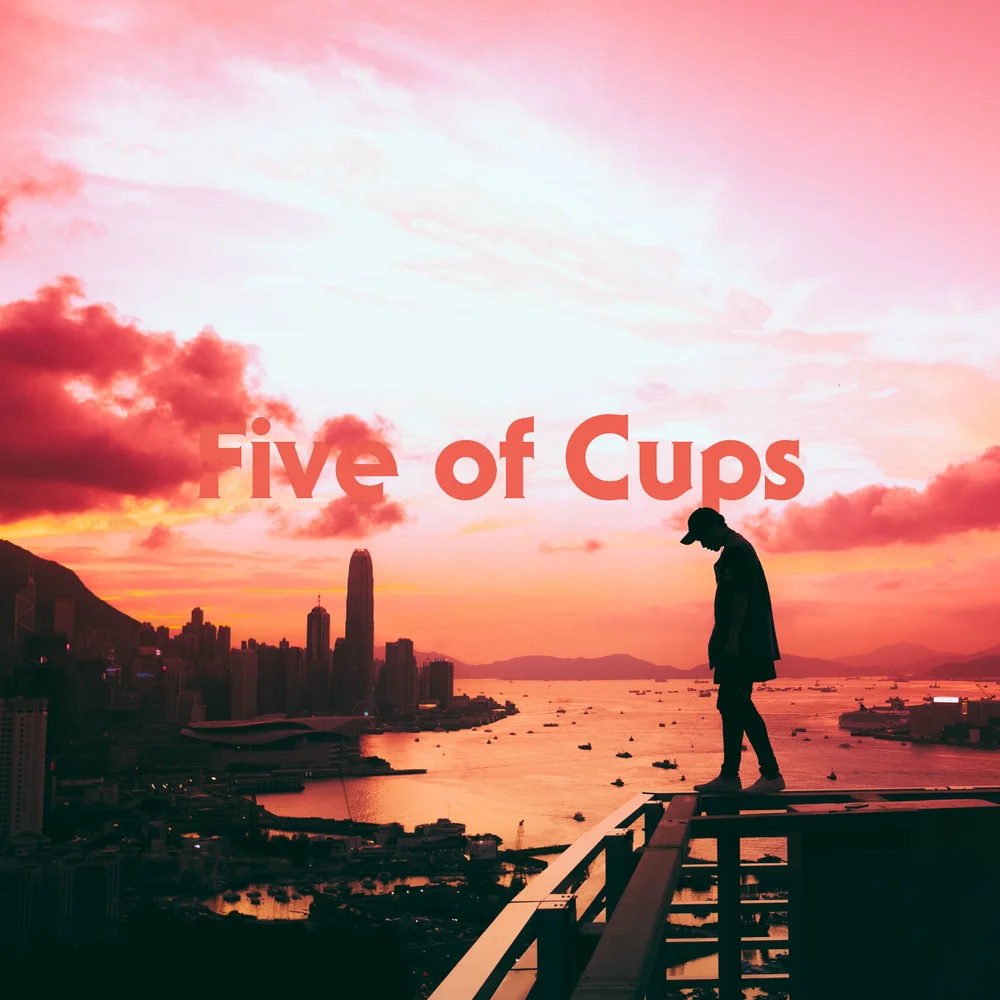 A solitary figure stands on the edge of a rooftop at sunset, head bowed over a glowing harbor skyline. The city below is awash in fading light, scattered boats dot the water, and the sky burns pink with loss.